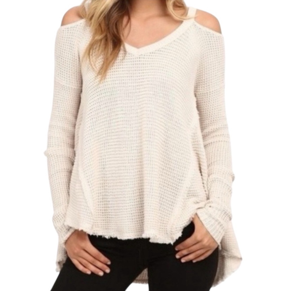 Free People Moonshine Waffle Knit Ivory Cold Shoulder Sweater Top Shirt Medium